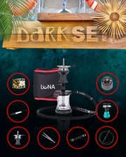 Dark Set completo con narghilè Luna Vacanza nero, carbone Cocobration, fornello a gas, Ice Bazooka e accessori, ideale per estate e viaggio.